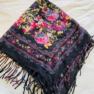 Madewell Black Hot Pink 100% Wool Lightweight Rose Floral Print Fringe Scarf